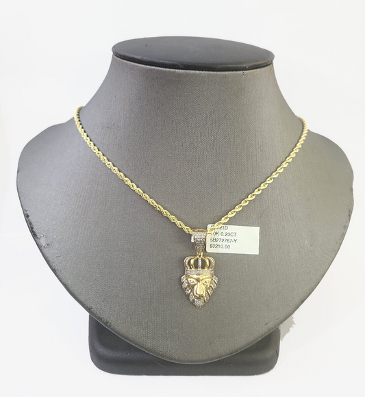 10k Gold Lion Head Diamond Charm and 2.5mm 24 Inches Rope Chain