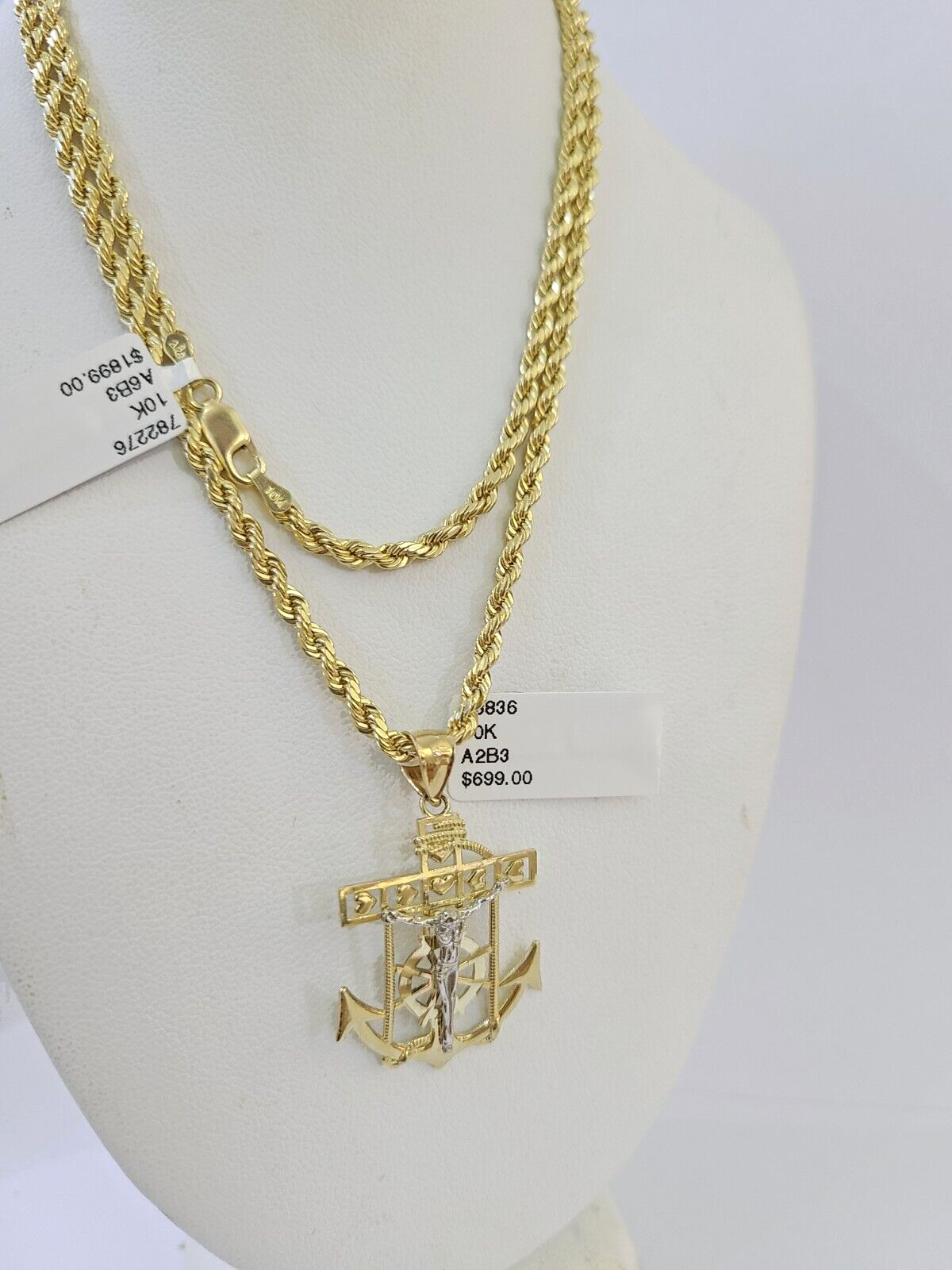 10k Gold Anchor Jesus Pendant Rope Chain 3mm 20'' Necklace Set Diamond Cut