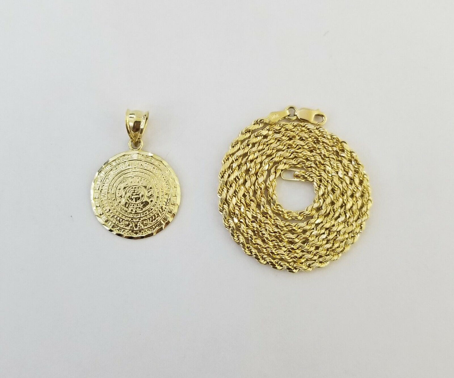 10k Yellow Gold Aztec Calendar charm 3mm rope chain Real Gold set