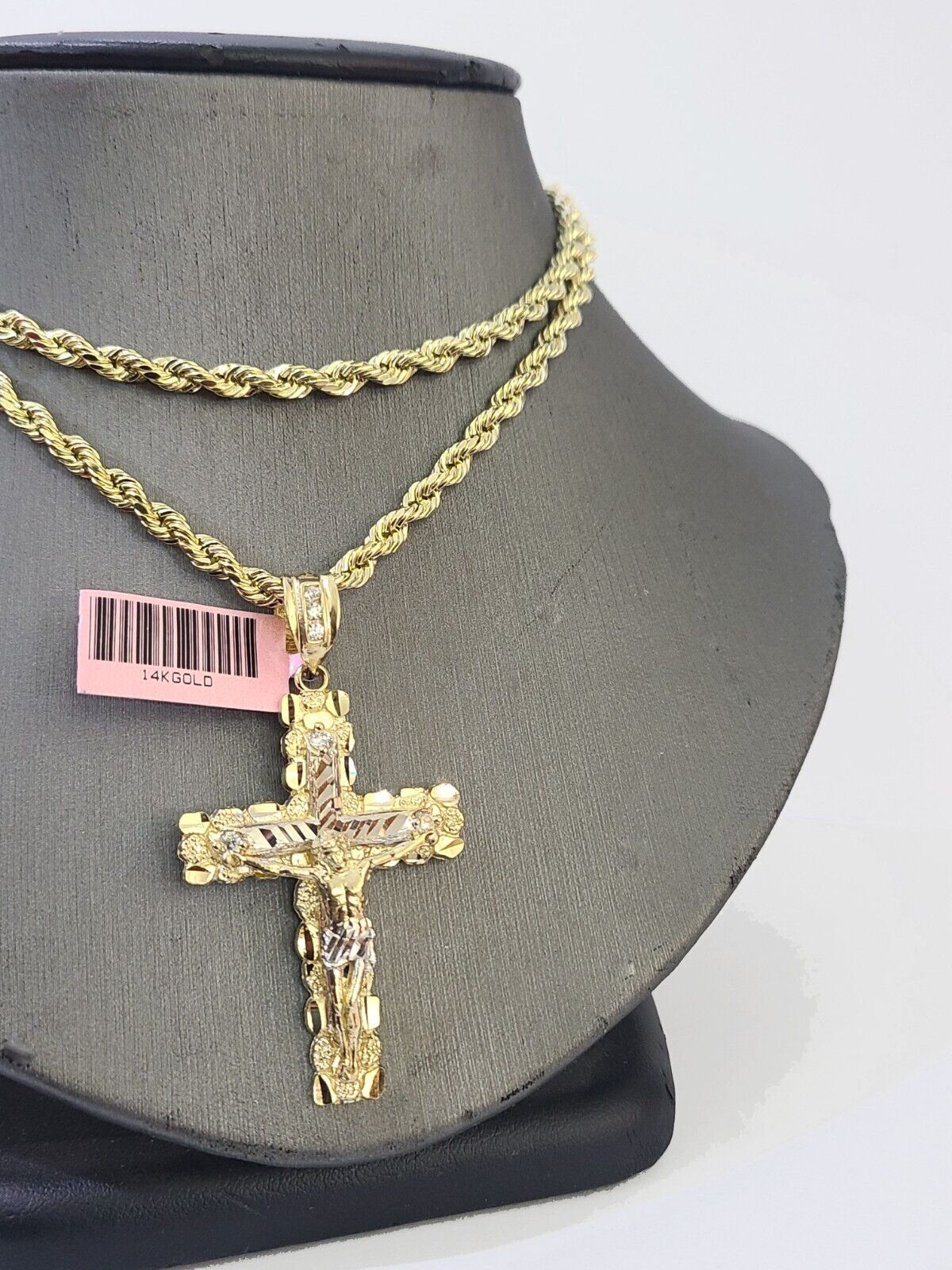 14k Yellow Gold Rope Chain & Jesus Nugget Cross Charm SET 5mm 18 Inches Necklace