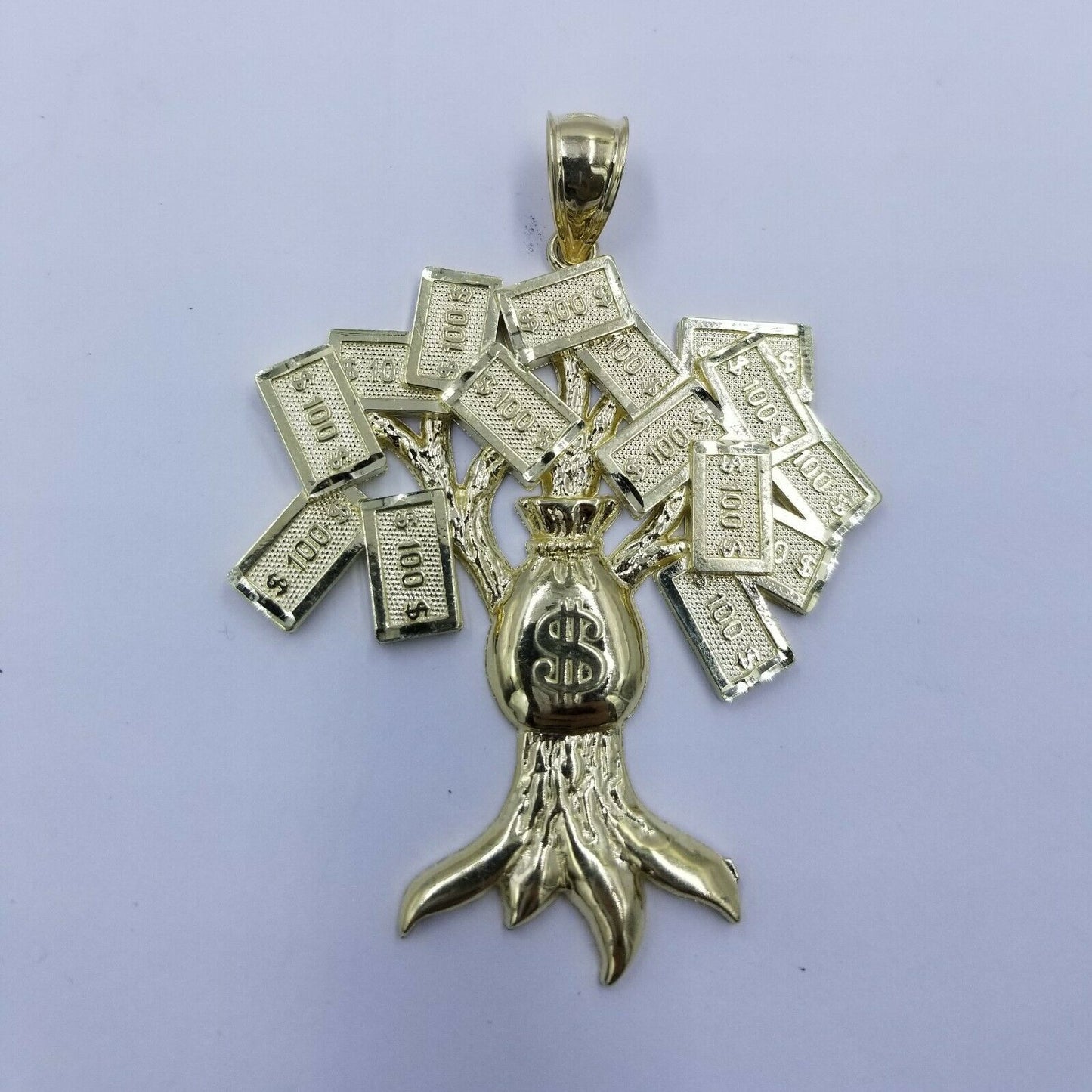 10k Yellow Gold Lucky $100 Dollar Bag Large 3" Charm Money Tree Pendant Real