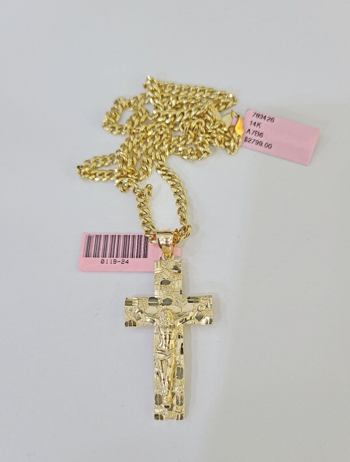 14k Nugget Cross Charm Miami Cuban Chain 4mm 24 inch SET Yellow Gold