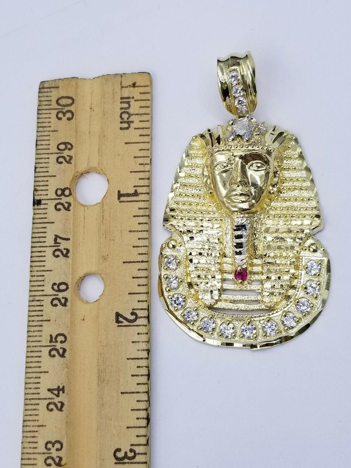 10K Yellow Gold 24 Inch Miami Cuban Chain Ruby Pharaoh Head Pendant Diamond Cut