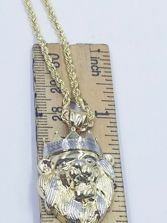 10k Gold Crown Lion Head Charm Diamond Cut 2.5mm 18" 20" - 26" Rope Chain