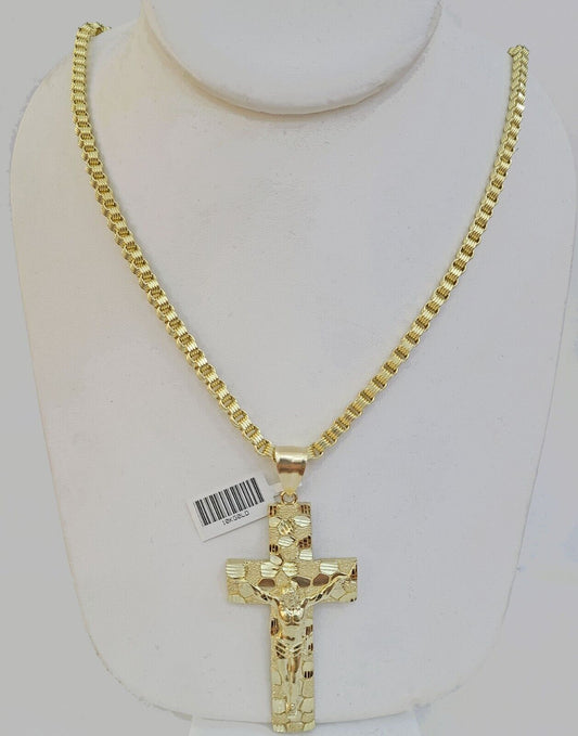 Real 10k Gold Nugget Cross Byzantine Chain Necklace 4mm 24" Chain Charm SET 10kt