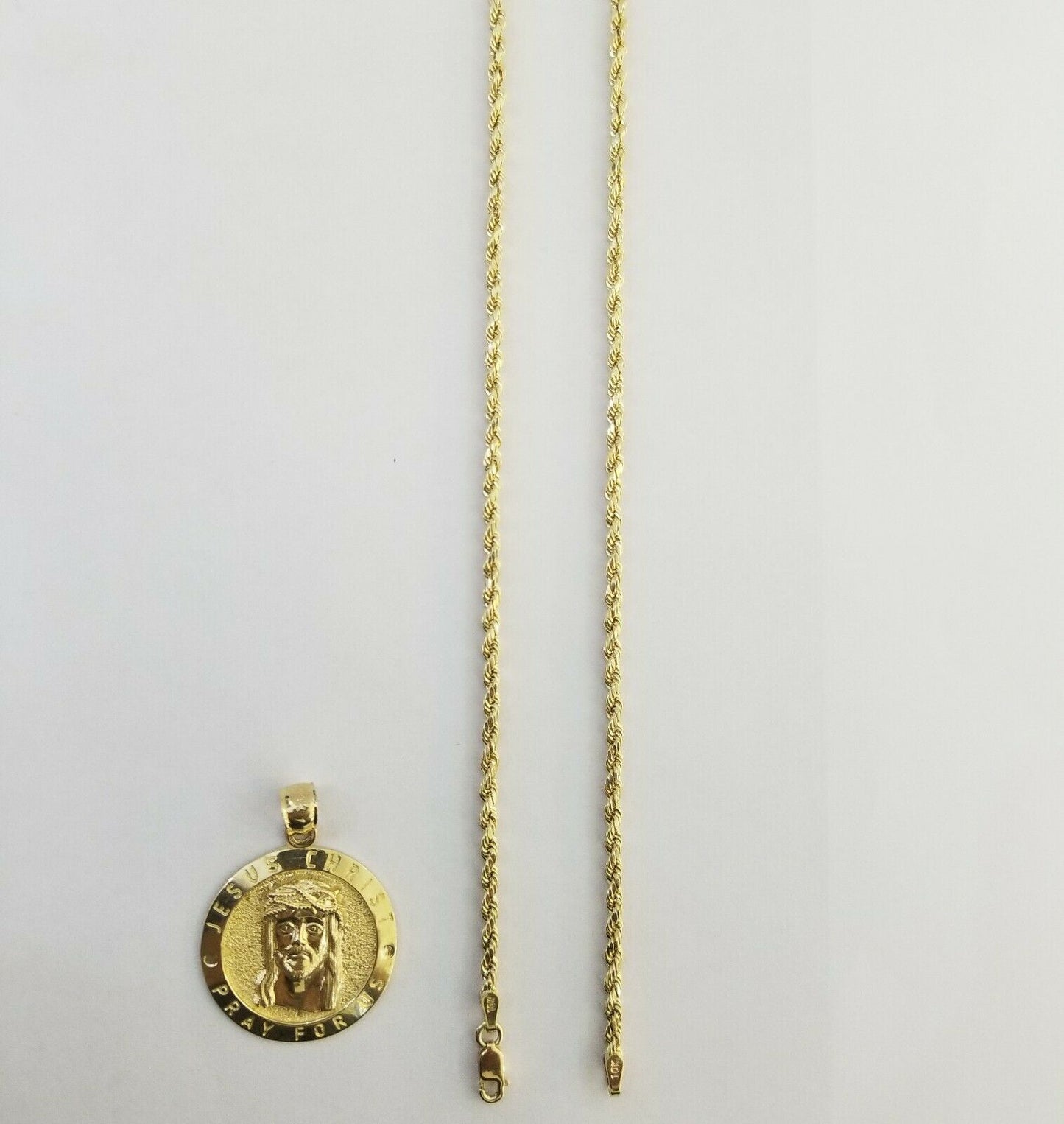 10kYellow Gold round/circle Jesus charm with18"inch rope chain 2mm,10kt gold set