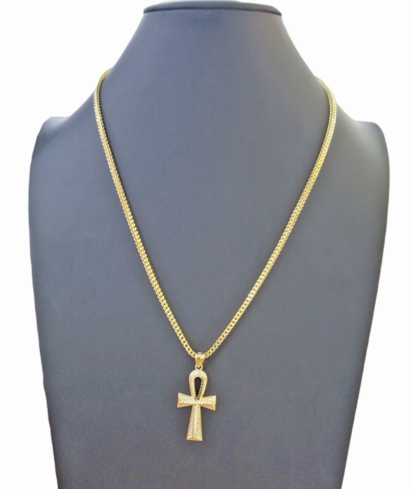 Real 10k Gold Ankh Cross Egyptian Symbol Pendent 3mm Franco Chain 18"-28" Inch