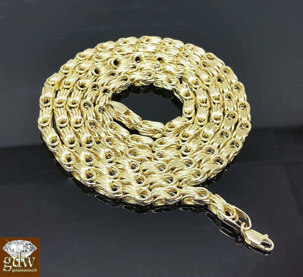 10k Gold Mens Byzantine Necklace 28 Inch 4mm, 10kt Yellow Gold Male Chain REAL