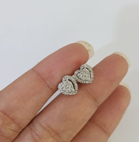 Real 14k White Gold Heart Diamond Necklace Earrings SET Chain Women