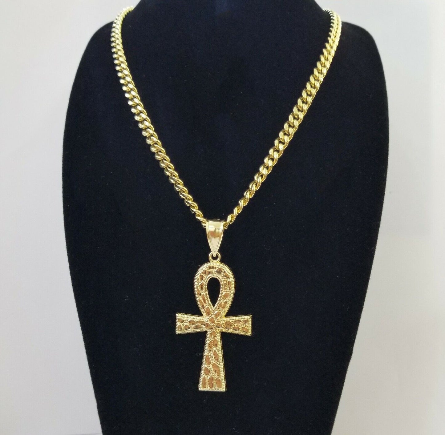 Real 10k Yellow Gold Men Jesus Cross Charm with 20" Inch 6mm Miami Cuban Chain