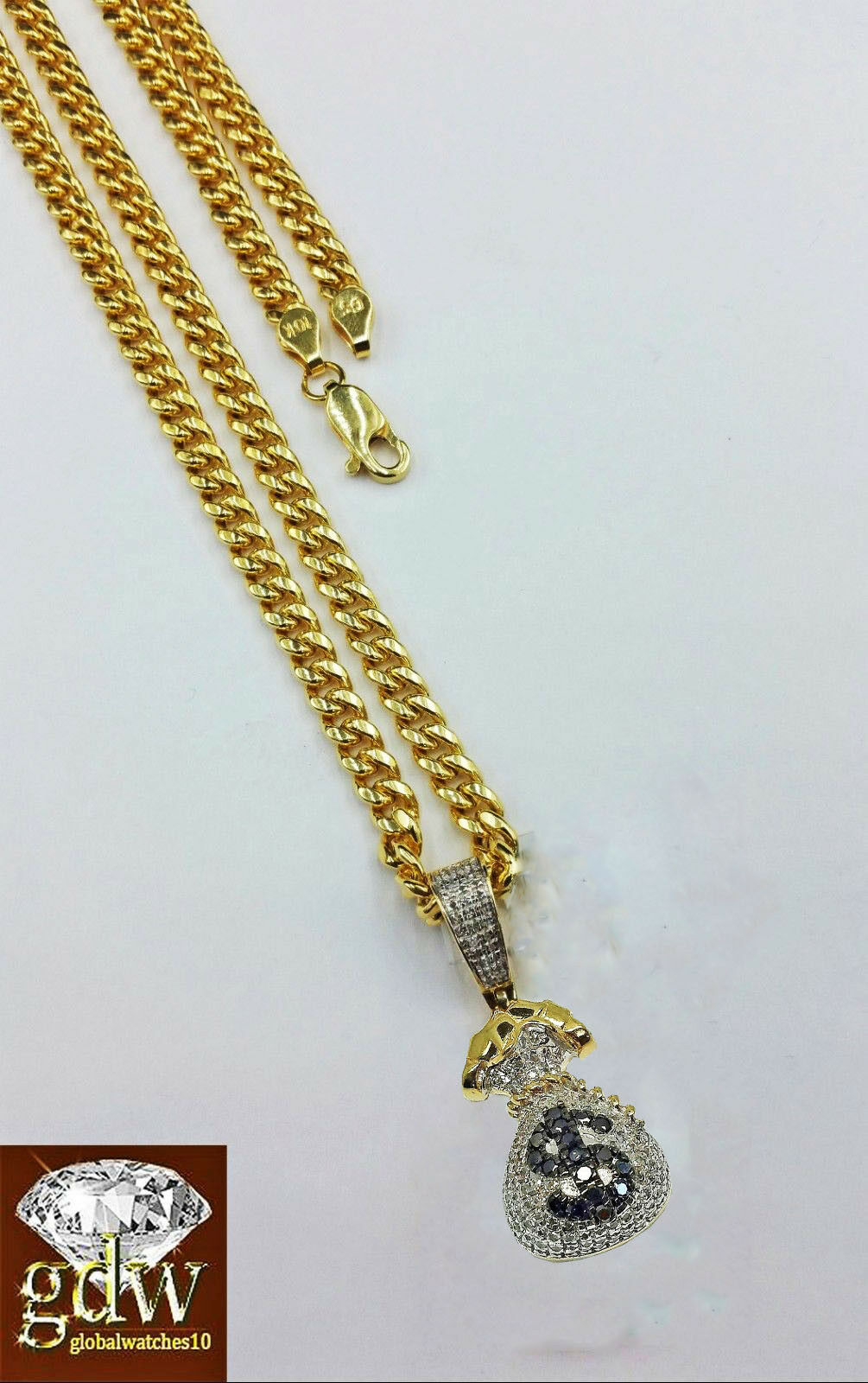 Real 10k Yellow Gold Money Bag Charm Real Diamond 26" Miami Cuban Chain