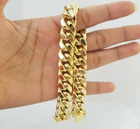 10K Real Yellow Gold Miami Cuban Bracelet 9 Inch 15mm,box lock thick hand chain