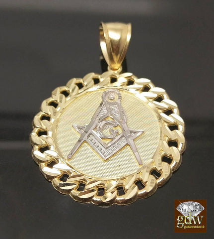 REAL 10k Yellow Gold 30 Inch Rope Chain Necklace&10k Cuban Masonic Charm Pendent