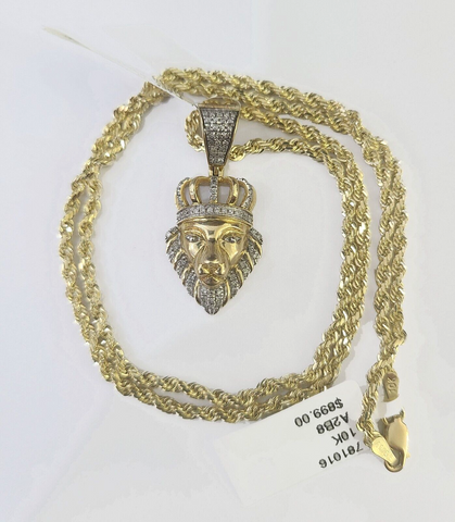 10k Gold Lion Head Diamond Charm and 2.5mm 28 Inches Rope Chain