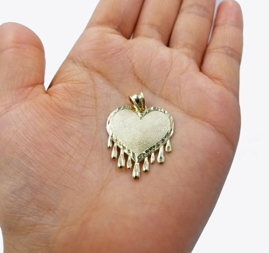 10K Solid Yellow Gold Dripping Heart Style Diamond Cut Pendant Men Women