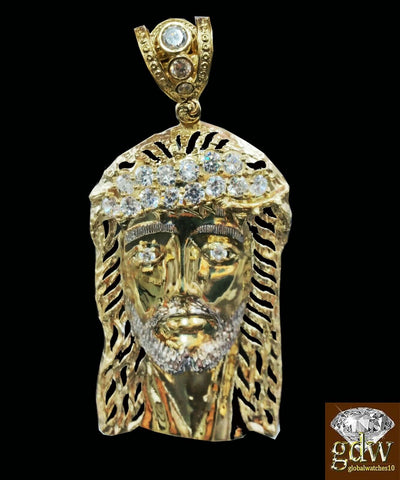Real 10k Yellow Gold Men Jesus Head Charm 26 Inches Rope Chain Cross