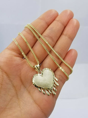 Real 10k Yellow Gold Charm Pendant Dripping heart with Franco Chain 22" 2mm