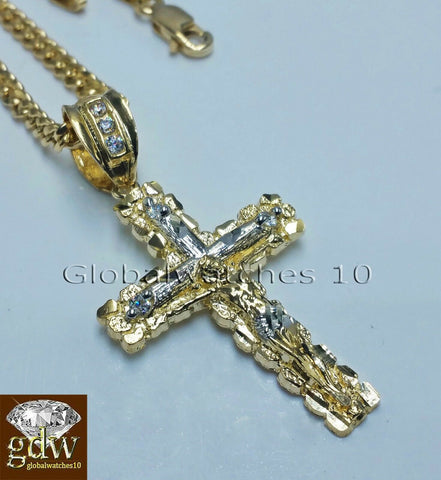 10k Yellow Gold Jesus Cross Charm Pendant 26" Miami Cuban Chain Necklace