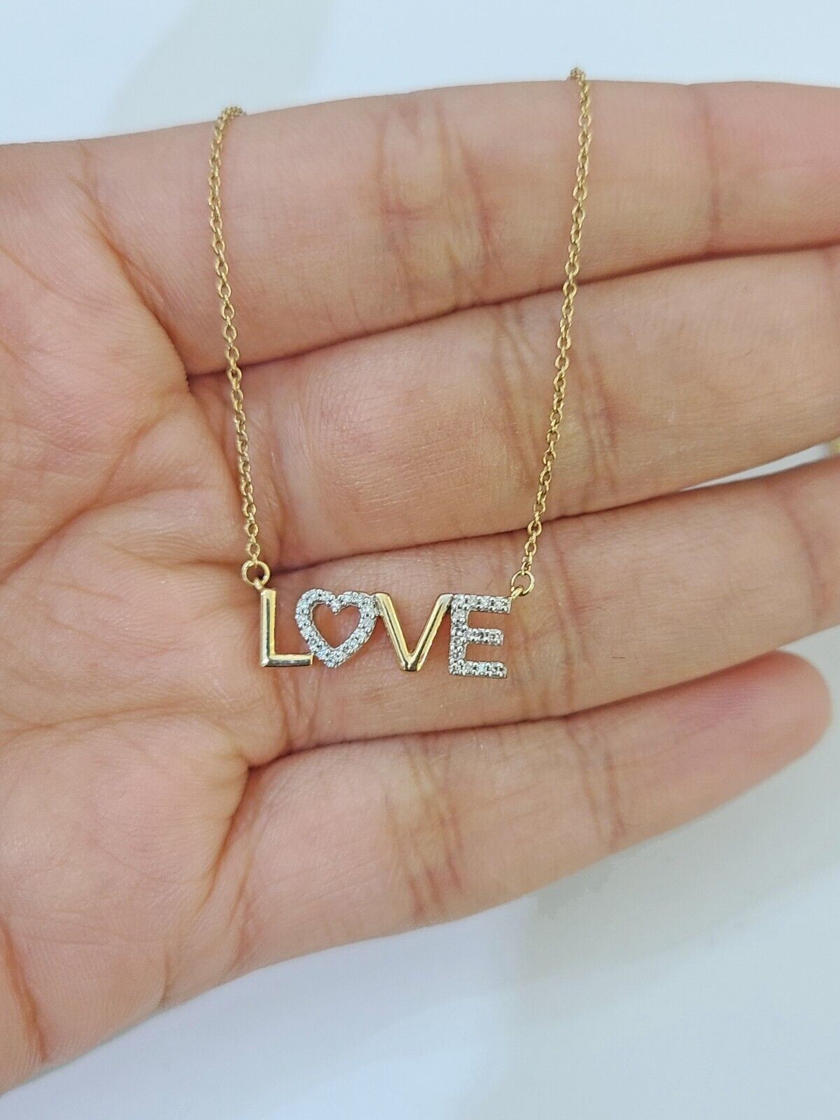 Real 10k Yellow Gold LOVE Diamond Pendant Chain Necklace Set Women