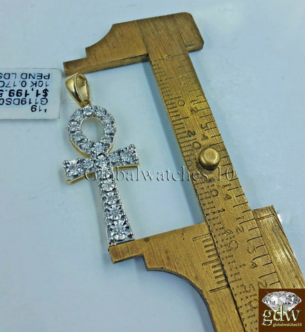 10k Gold & Diamond Ankh Cross Charm with 24" Inch 3mm Miami Cuban Chain Jesus.