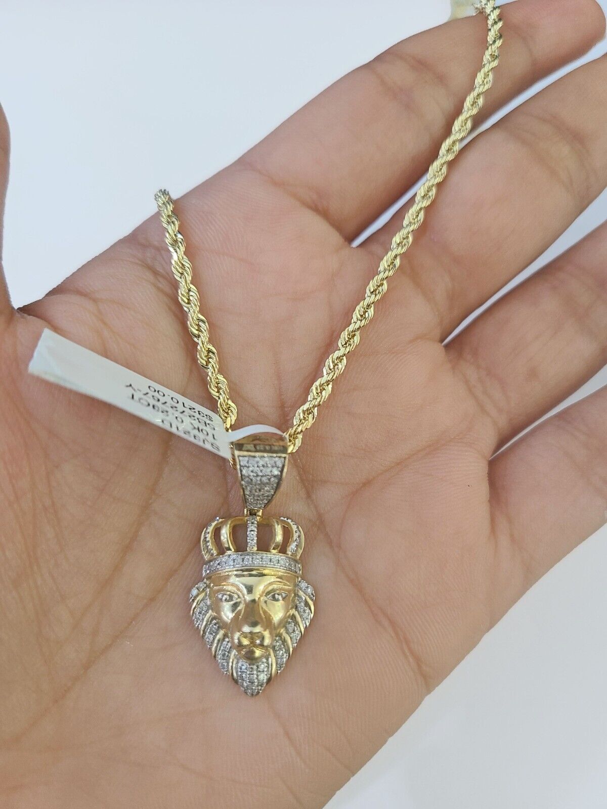 10k Gold Lion Head Diamond Charm and 2.5mm 18 Inches Rope Chain