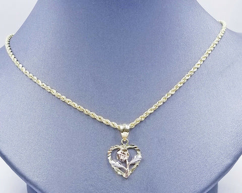 10k Yellow Gold Flower Heart Charm 2.5mm 18"20" 22" 24" 26" 28" Rope Chain