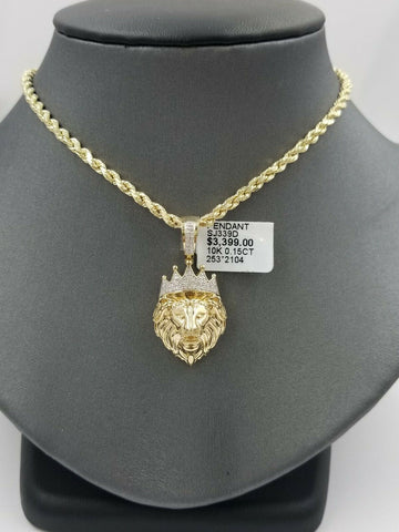 Real 10k Yellow Gold Lion Head 1.5" Charm/Pendant with Genuine 0.15 CT Diamonds