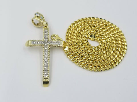 10k Yellow Gold Cross Charm pendant with 5mm Miami Cuban Diamond Cut Jesus REAL