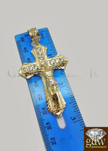 10k Yellow Gold Men Cross Charm Pendant Diamond Cut Angel Jesus Crucifix