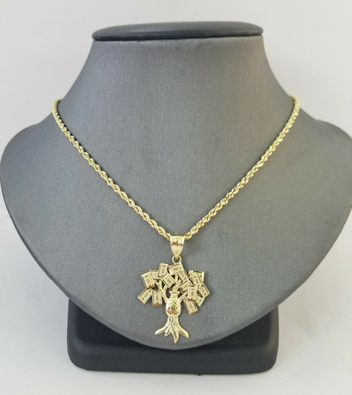 10k Yellow Gold Money Tree Pendant with 18 inch rope chain 3mm,10kt gold set