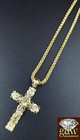 Real 10k Yellow Gold Jesus Cross Charm Pendant with 26 Inch Byzantine Chain