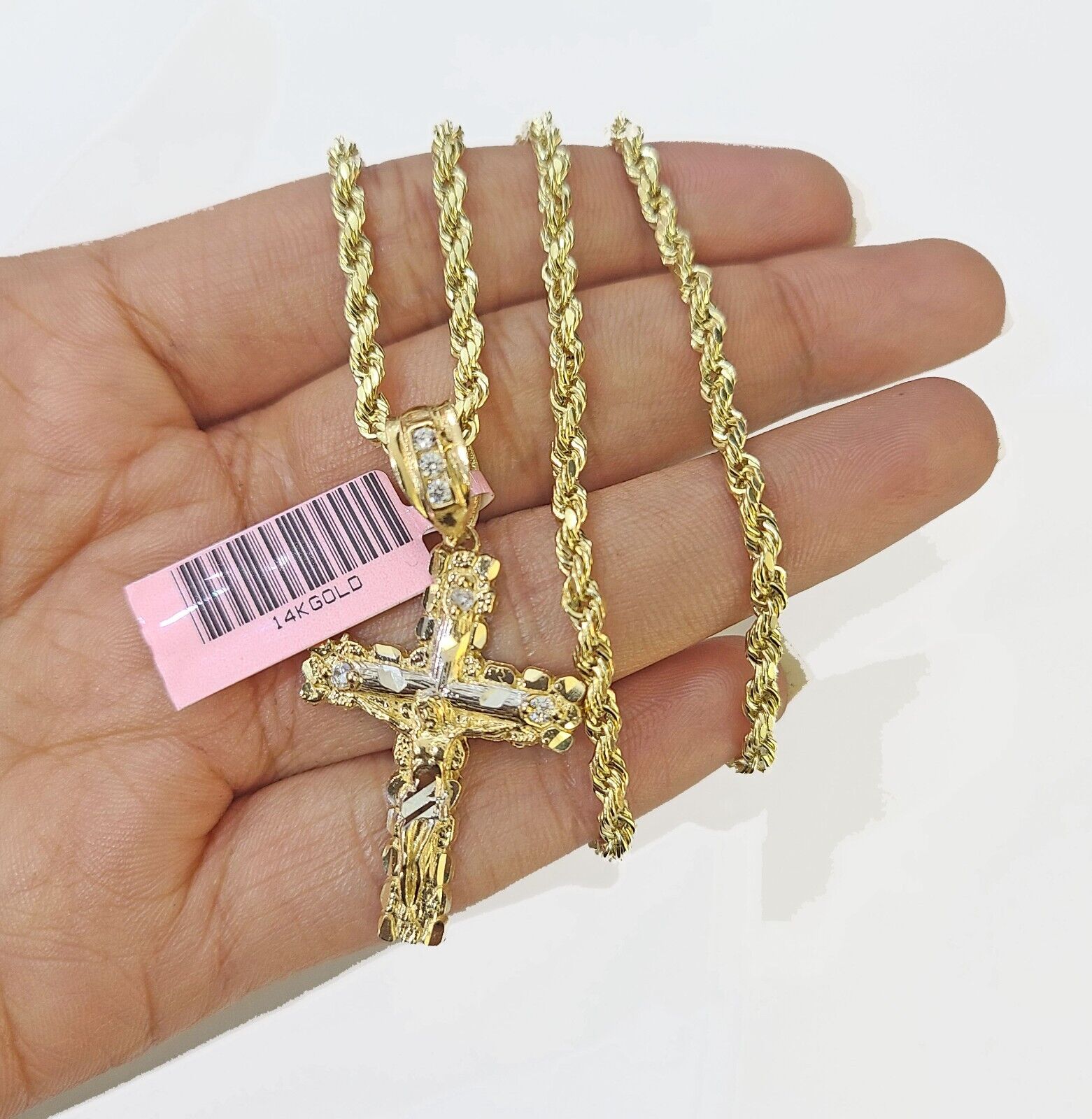 14k Yellow Gold Rope Chain & Jesus Nugget Cross Charm SET 4mm 16 Inches Necklace