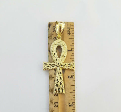 Real 10k Yellow Gold Men Ankh Cross Charm 20" Inch 6mm Miami Cuban Chain