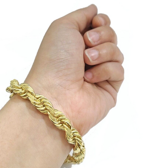 Real 10kt Solid Yellow Gold Rope Bracelet 10k 9mm 9inch Lobster Lock Diamond cut