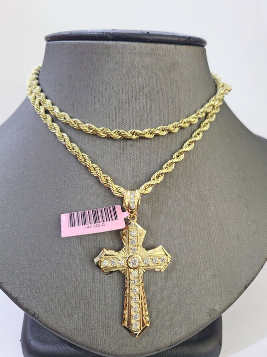 14k Yellow Gold Rope Chain & C-Z Cross Charm SET 4mm 18 Inches Necklace