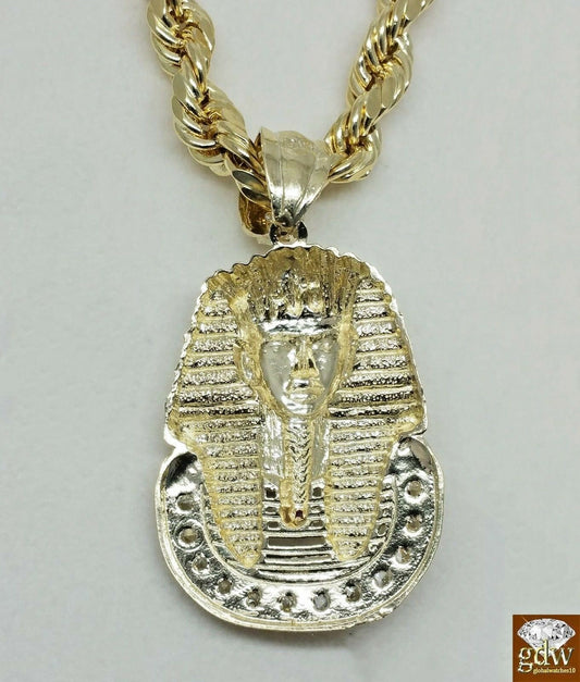 Real 10K 24 Inches Rope Chain 1.5 Inches long Pharaoh Head Pendant