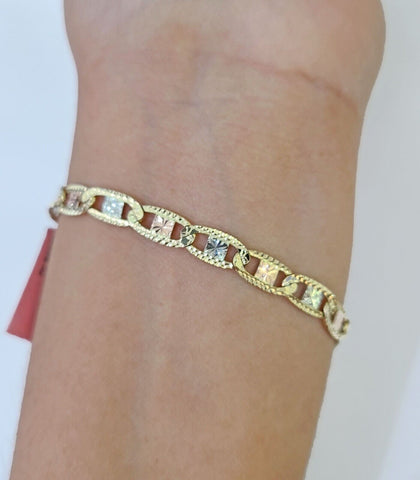 14k valentino Trio Gold Women's Link Bracelet 8" inches 5mm Diamond Cuts