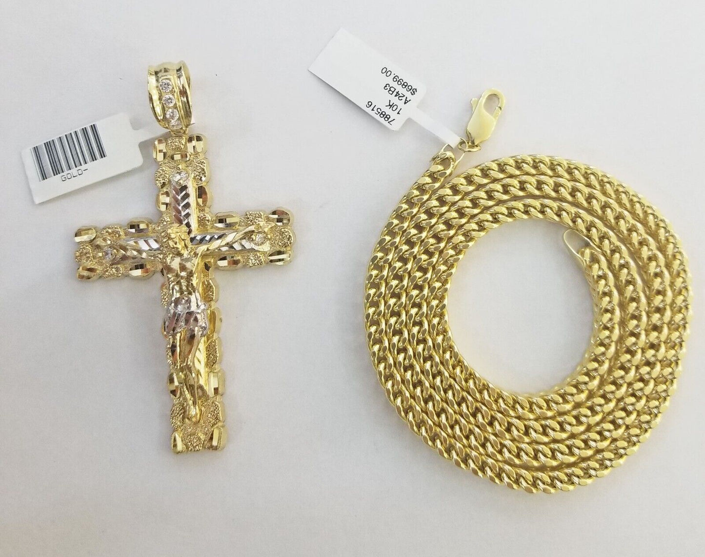 Real 10k Gold Nugget Cross Pendant Franco Necklace 4mm 24" Chain Charm  SET 10kt