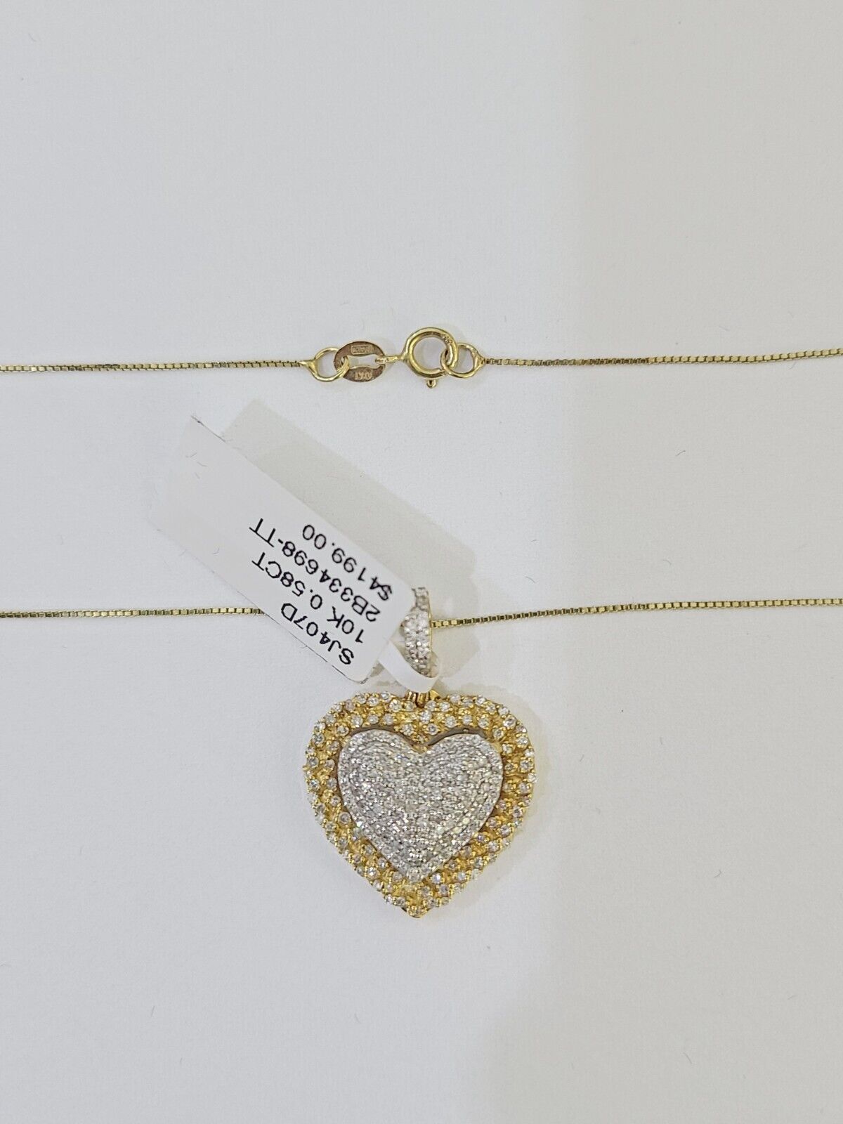 Real 10k Yellow Gold Heart Diamond Pendant Box Chain Necklace Set Women