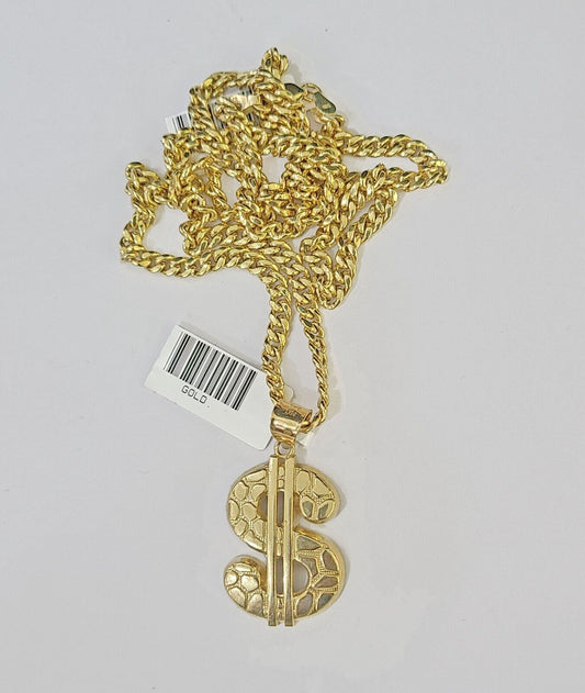 10k Yellow Gold Miami Cuban Chain & Dollar Charm \ Pendent SET 3mm 22 Inches