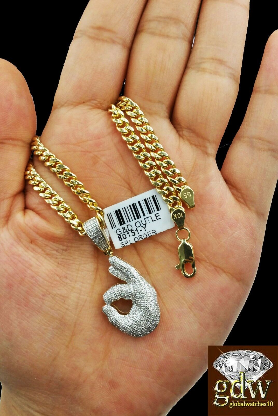 Real 10k Yellow Gold and Diamond Ok Hand Emoji Charm with 22" Miami Cuban Chain.