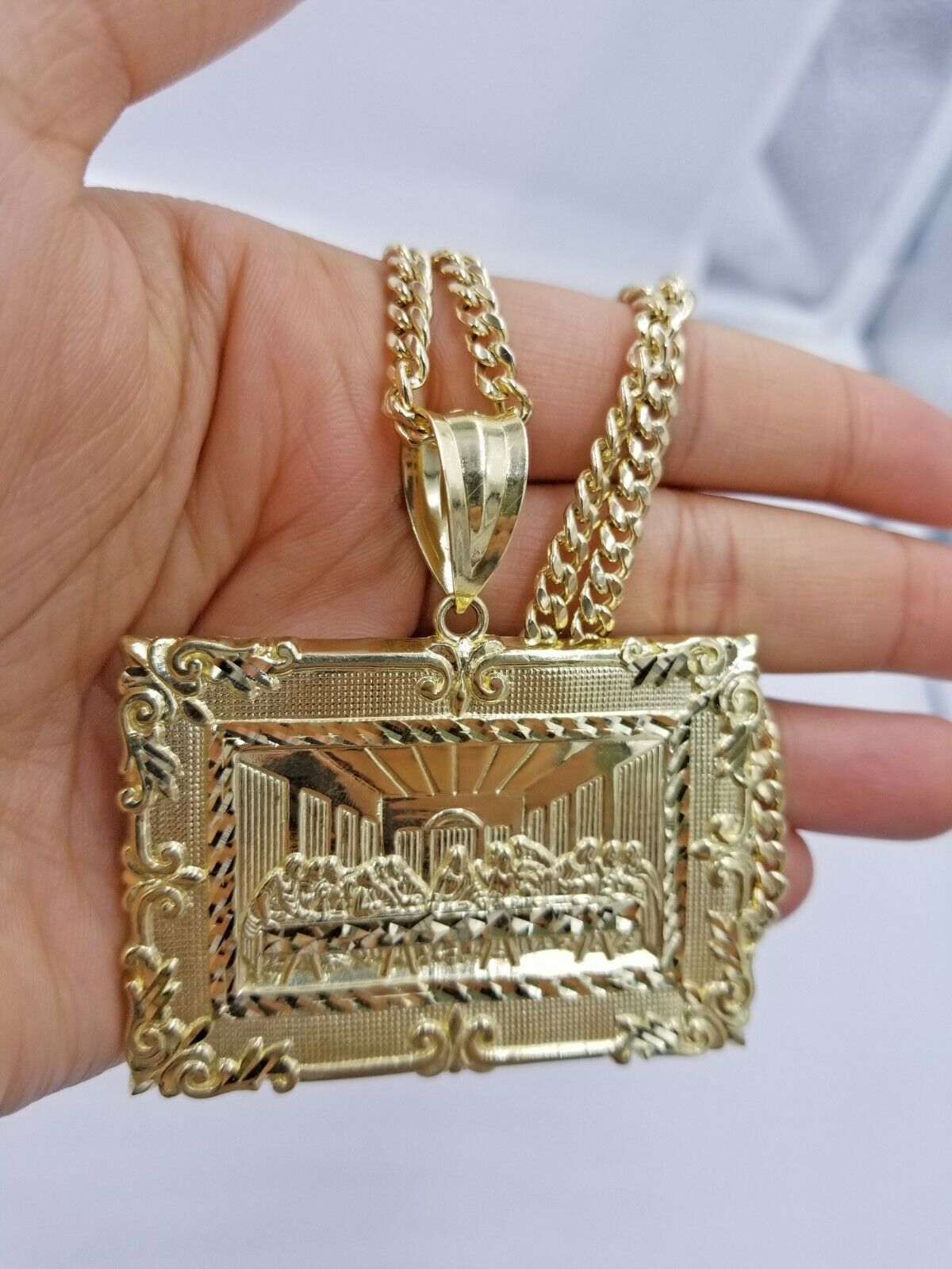 10K Yellow Gold Last Supper Large Pendant 2.5" Charm Diamond Cut Men Women