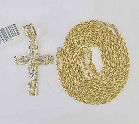 14k Yellow Gold Rope Chain 2.5mm 20Inches & Jesus Nugget Cross Charm SET