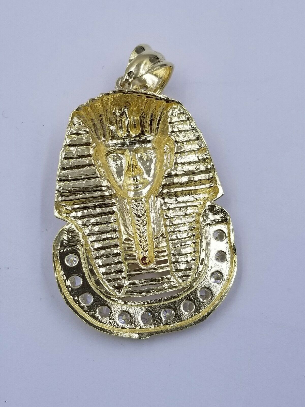 10K Yellow Gold 24 Inch Miami Cuban Chain Ruby Pharaoh Head Pendant Diamond Cut