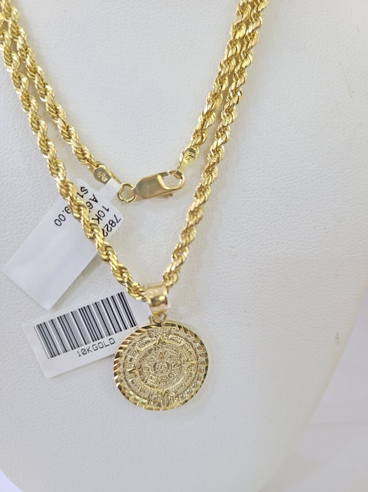 10k Gold Mayan Calendar Pendant Rope Chain 3mm 24'' Necklace Set Real Yellow