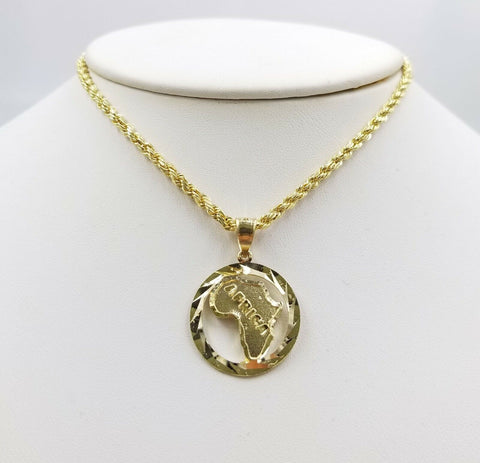 10K Real Gold African Map Round Charm Pendant Rope Chain 18 20 22 24 26 Inch 3mm