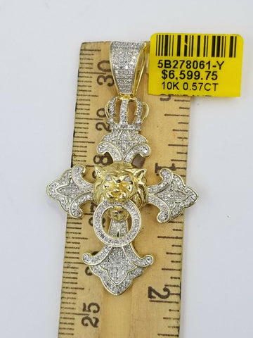 New 10k Yellow Gold Cross Roaring Lion Crown Charm/Pendant with Real Diamonds