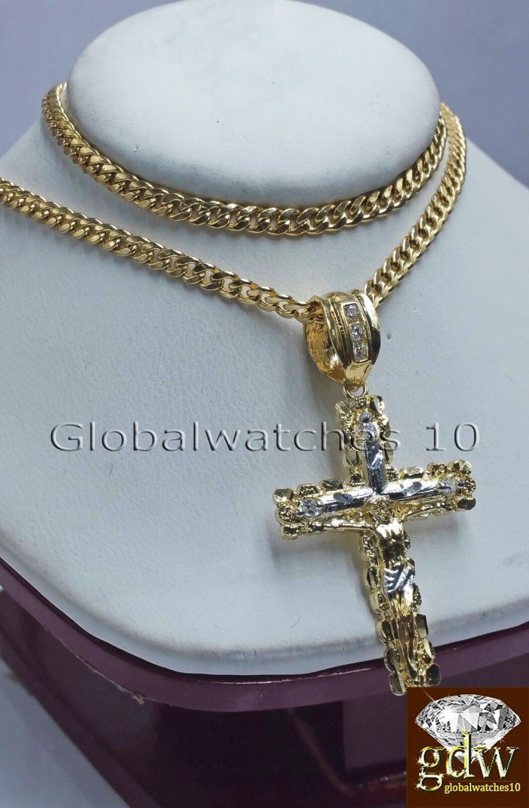 10k Yellow Gold Jesus Cross Charm Pendant 10K 24" Miami Cuban Chain SET Real