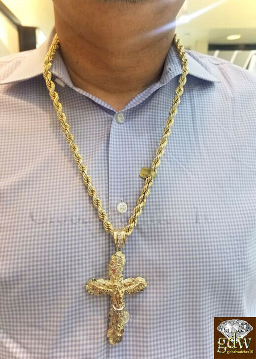 Real 10k Gold Nugget Jesus Crucifix Cross Pendent Charm with 28 Inch Rope Chain.