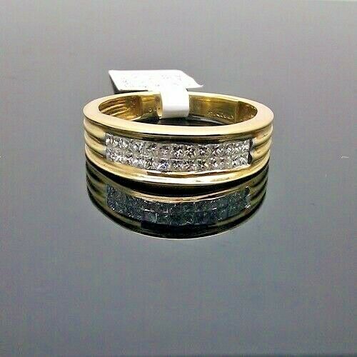 Real 14K Mens Yellow Gold & Diamond Band in Princess Cut Wedding Engagement Ring